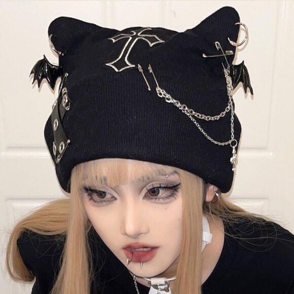 Goth Beanie Hat Women Winter Punk Emo Grunge Cat Ear Knitted Cap Gothic Accessor - Picture 5 of 6